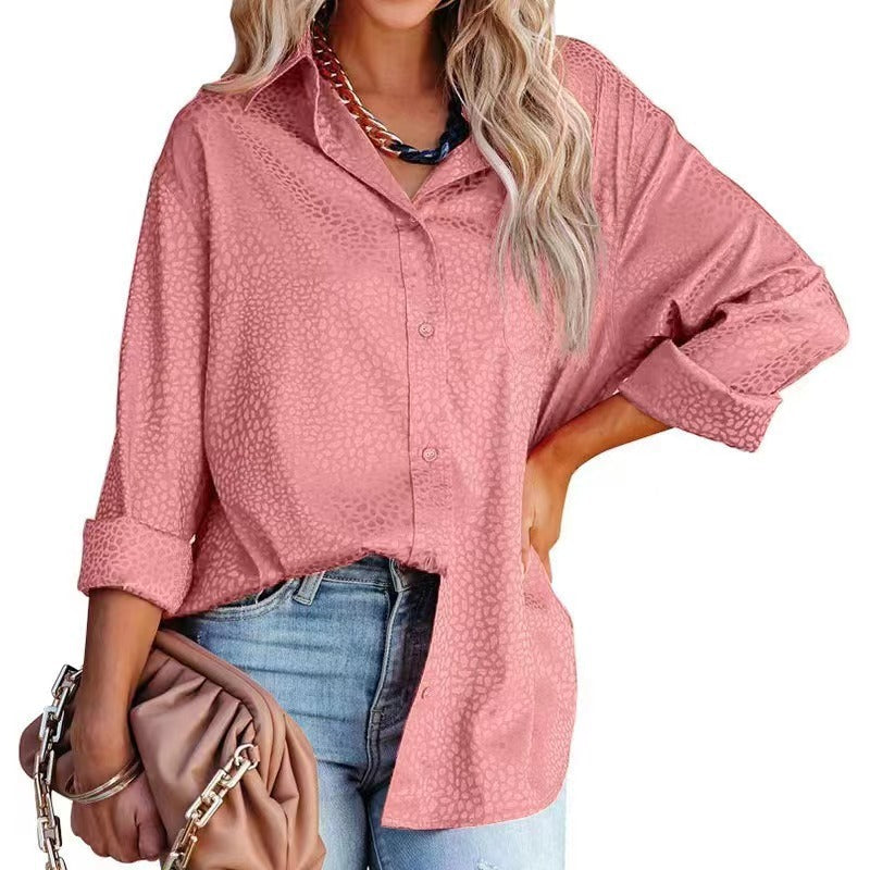 Women’s satin long sleeve top by Bella Mia with a gravel pattern, loose fit, perfect for autumn comfort.