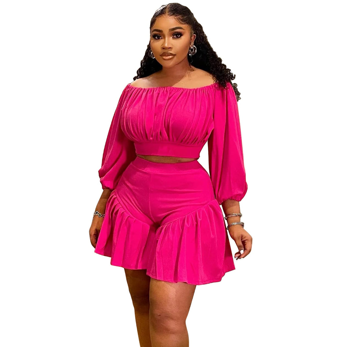 Plus size women's matching two-piece set by Plush Fashion Hub with pleated off-shoulder top and fluffy waist trimming.