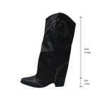 Bella Mia retro rivet high top Western cowboy boots for women with pointed toe, long mid heel, slip-on design, and long shaft.