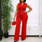 Summer solid color sleeveless collar lace-up wide-leg jumpsuit by Plush Fashion Hub, showing the stylish full-body view.