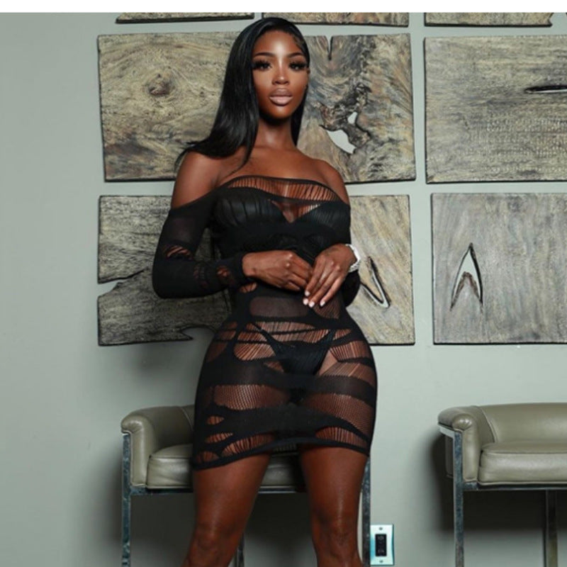 Bella Mia solid color long sleeve mesh dress with cutout and see-through design, featuring sexy stitching and hollow out details.