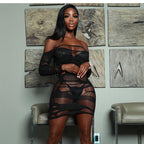 Bella Mia solid color long sleeve mesh dress with cutout and see-through design, featuring sexy stitching and hollow out details.