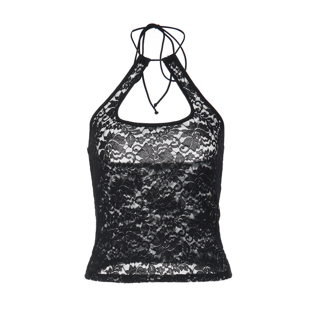 Bella Mia summer lace halter backless vest top for women, stylish all-match top with sexy lace details and halter neckline.
