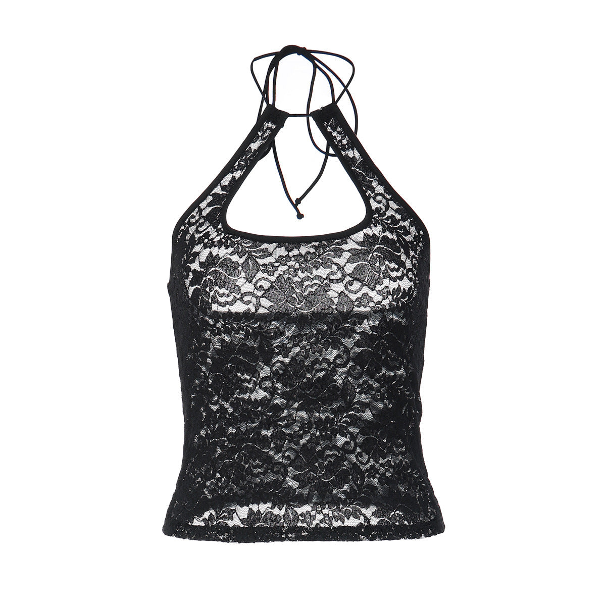 Bella Mia summer lace halter backless vest top for women, stylish all-match top with sexy lace details and halter neckline.