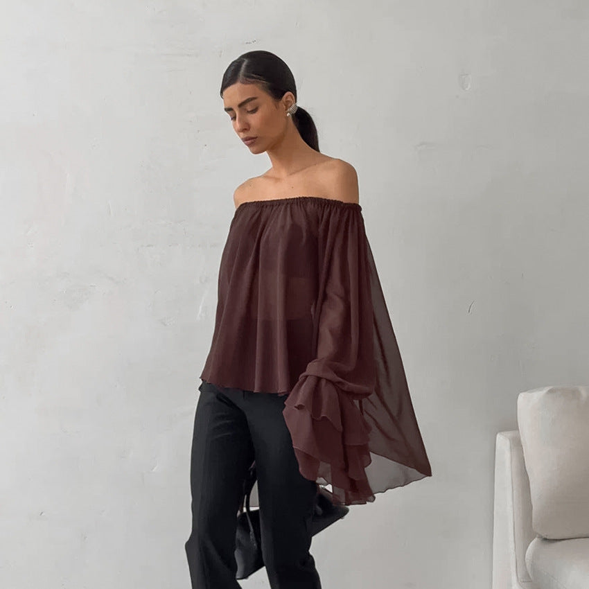 Bella Mia fall winter boat neck chiffon top with off-shoulder ruffles in brown, featuring a loose, elegant, retro style.