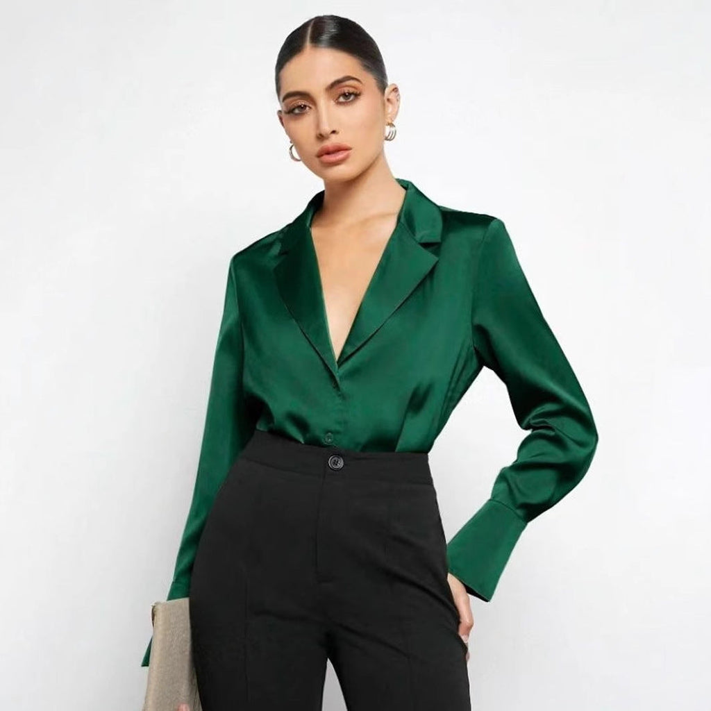 Bella Mia satin faux silk long sleeve shirt for women, minimalist spring summer top with a sleek, smooth fabric finish.