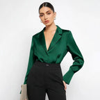 Bella Mia satin faux silk long sleeve shirt for women, minimalist spring summer top with a sleek, smooth fabric finish.