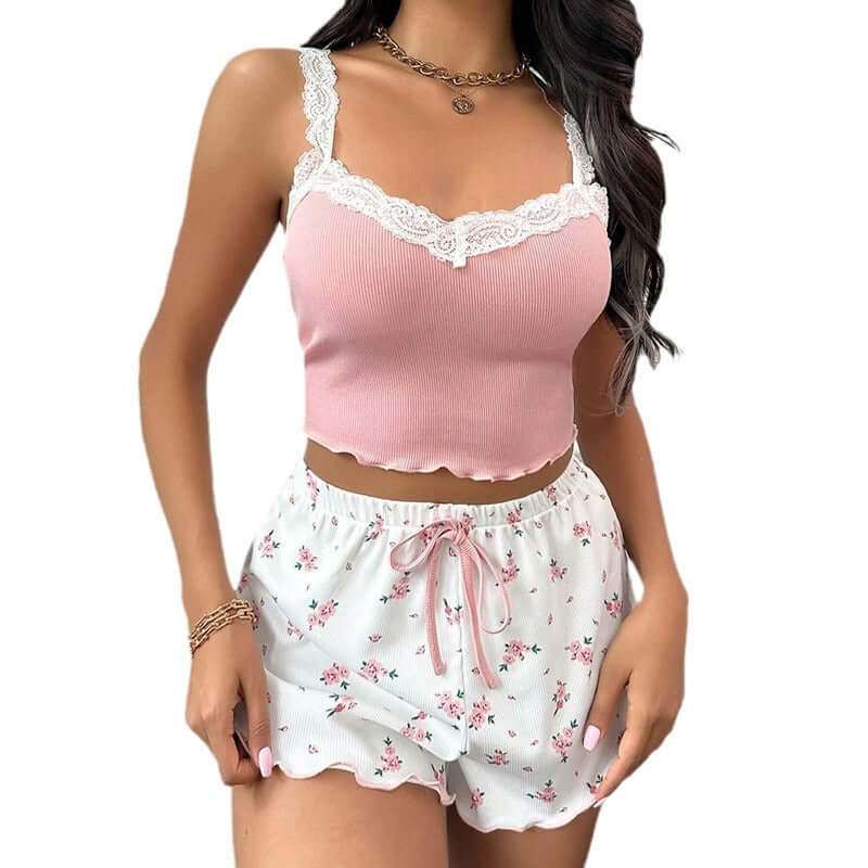 Ladies' Homewear Lace Suspender Shorts SuitElevate your loungewear with our Ladies' Homewear Lace Suspender Shorts Suit! Available in pink, khaki, blue, and wine red, this medium thickness suit is perfect for2 piece setPlush Fashions ShopPlush Fashion Shop