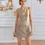 Women’s sleeveless dress by Plush Fashion Hub featuring a rose front button design, round neck, and waist trimming for elegant style.
