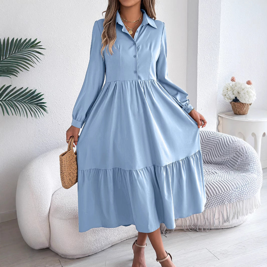 Loose long-sleeve ruffled shirt dress for women with a collared neckline, in autumn winter casual style by Plush Fashion Hub.