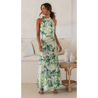 Spring summer floral digital printing halter dress by Plush Fashion Hub, mid-length dress with vibrant floral pattern.