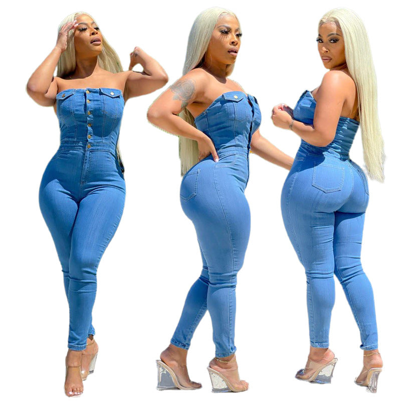 Slim fit denim jumpsuit for women, casual tube top style, by Plush Fashion Hub, shown in a full-length image.