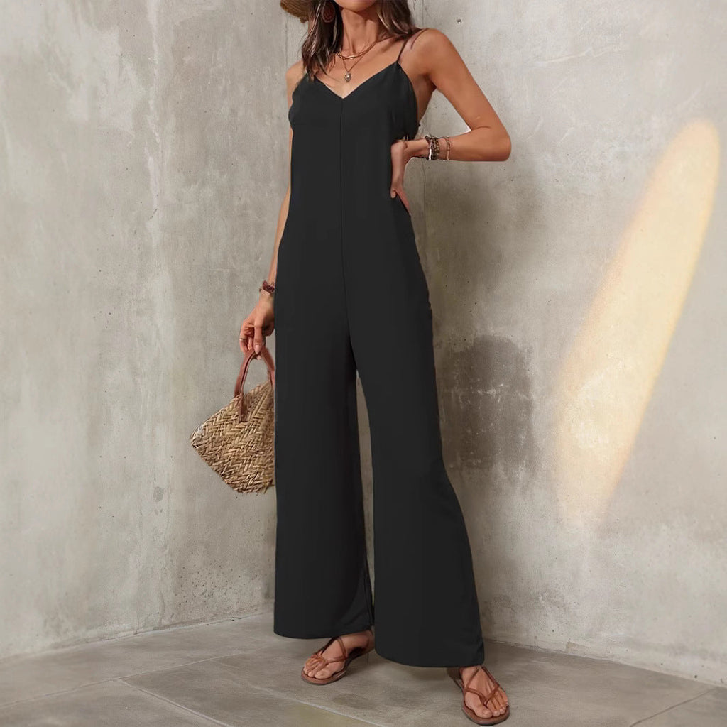 Women’s solid color casual sleeveless sling jumpsuit by Bella Mia featuring loose wide-leg pants and a simple, comfortable design.