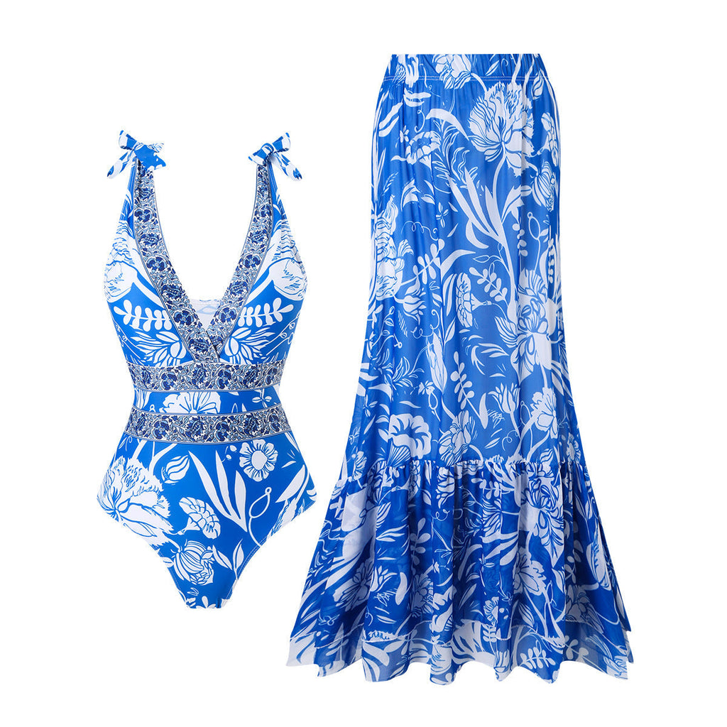 Ethnic style one-piece women's swimsuit by Plush Fashion Hub featuring vibrant patterns, casual beachwear for women.