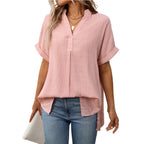 Women’s V-neck short sleeve striped plaid shirt by Bella Mia, loose fit summer top with casual style and vibrant pattern.
