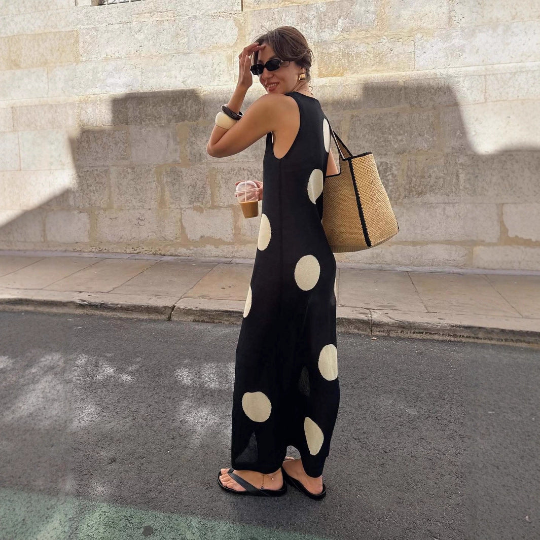 Plush Fashion Hub women's autumn winter polka dot maxi dress with see-through bohemian knitted design and casual slimming fit.