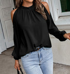 Bella Mia women's pleated off-shoulder blouse with lotus leaf round neck, long sleeves, in solid autumn winter color.
