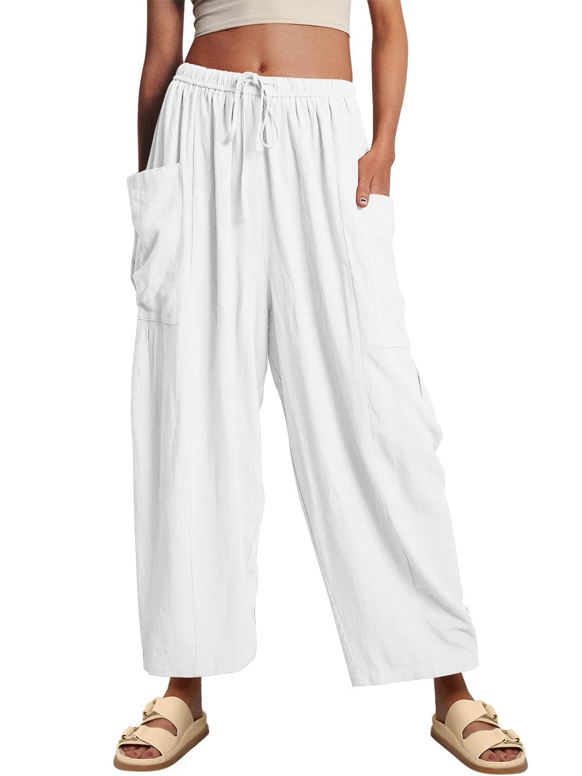 Women’s high waist wide-leg cotton linen pants with elastic waist and pleats, casual and loose fit from Plush Fashion Hub.