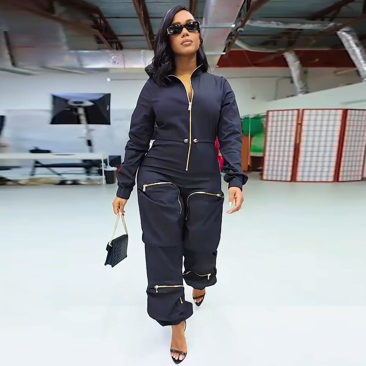 Arrival Women waist cargo overalls by Plush Fashion Hub featuring metal zipper, bread bag pockets, casual trousers with a relaxed fit.