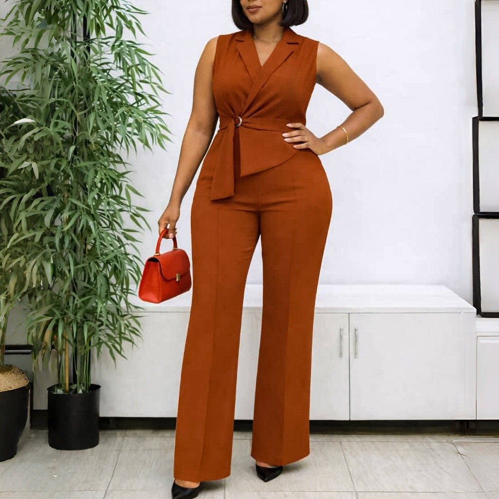 Summer solid color sleeveless collar jumpsuit with lace-up front and wide-leg pants, by Plush Fashion Hub.