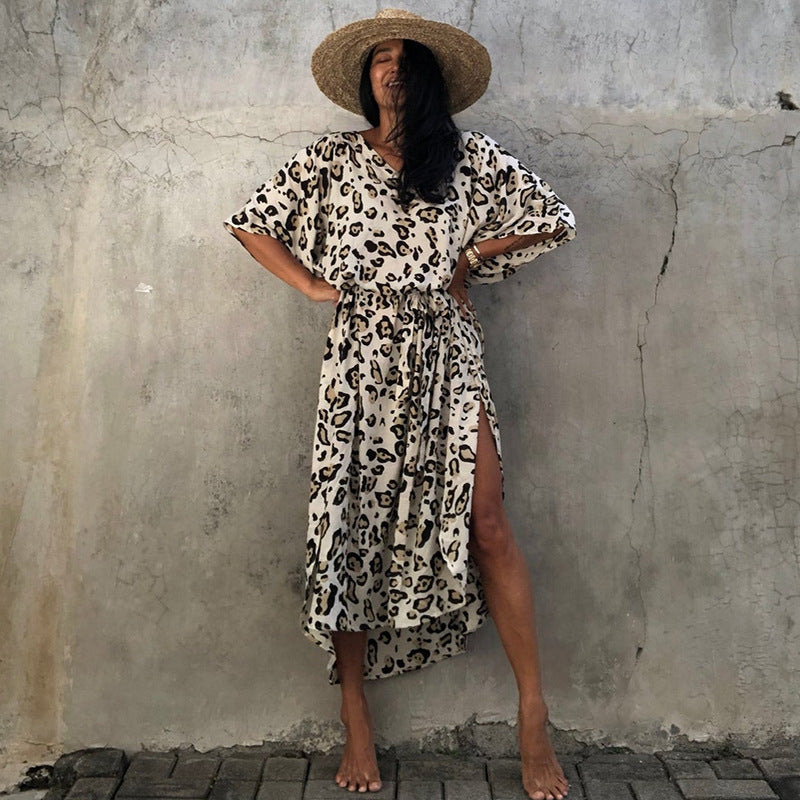 Printed long beach cover-up maxi dress by Plush Fashion Hub, featuring a flowing style perfect for sun protection and vacation wear.