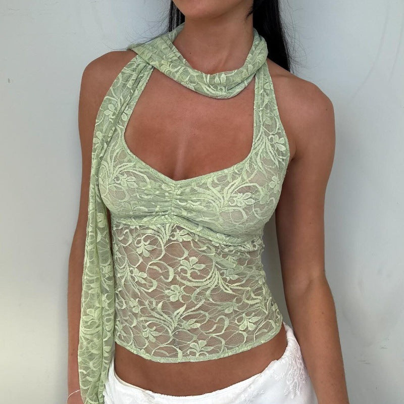 Bella Mia women's summer lace halterneck vest top with see-through design and decorative ribbon, perfect for stylish warm-weather wear.