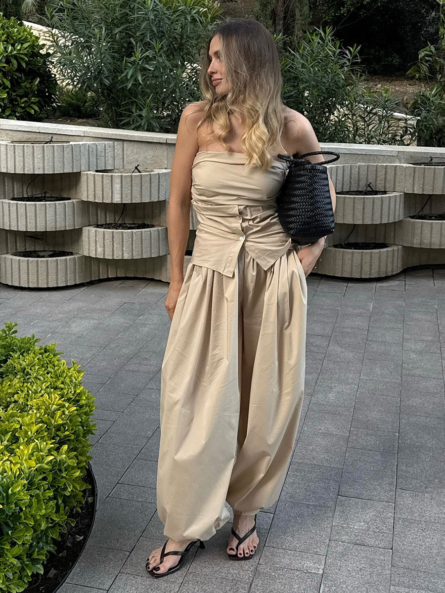 Casual women's cotton bloomers in wide-leg style with autumn street trend, loose fit, from Plush Fashion Hub.