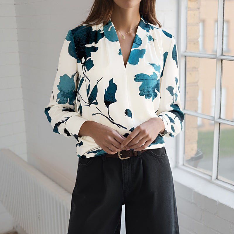 Bella Mia long sleeve ink floral printed casual shirt with artistic spring and autumn floral design.