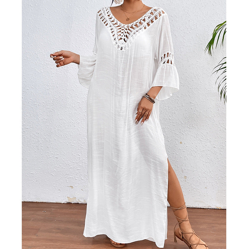 Colorful crochet stitching beach long overskirt with hollow out cutout backless design, loose fit, by Bella Mia, women's bottoms.