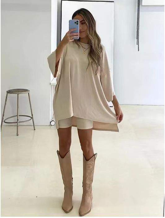 Women's Clothing Fashion Solid Color Loose T-shirt Tight ShortsElevate your wardrobe with our Women's Clothing Fashion Solid Color T-shirt and Shorts set. Made with high-quality viscose fiber, this outfit is not only comfortable2 piece setPlush Fashions ShopPlush Fashion Shop