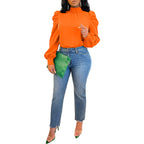Bella Mia women's long sleeve lace-up top with stand-up collar, puff sleeves, and solid color for four-season wear.
