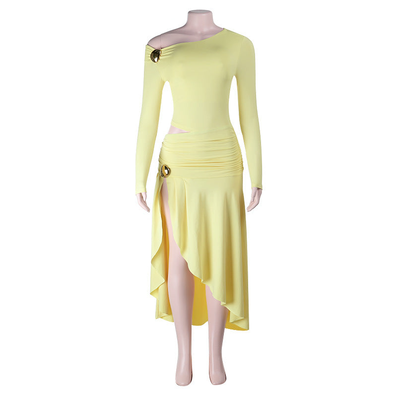 Plush Fashion Hub sexy off-shoulder long sleeve dress with cutout, slit, and sheath fit perfect for autumn occasions.