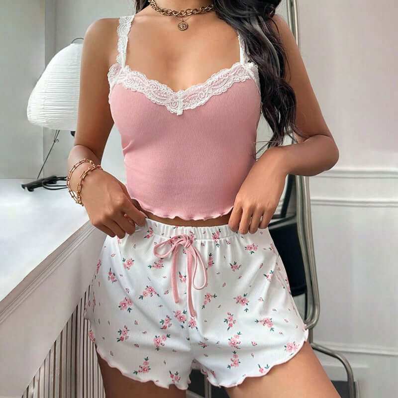 Ladies' Homewear Lace Suspender Shorts SuitElevate your loungewear with our Ladies' Homewear Lace Suspender Shorts Suit! Available in pink, khaki, blue, and wine red, this medium thickness suit is perfect for2 piece setPlush Fashions ShopPlush Fashion Shop