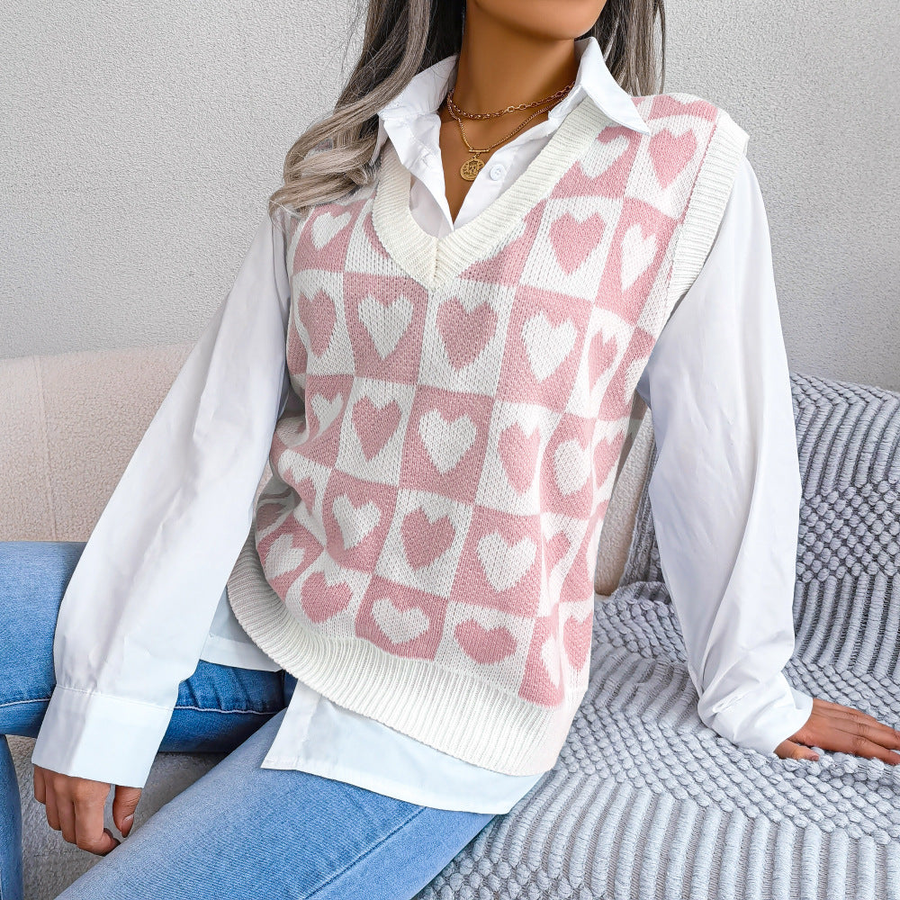 Autumn Winter College Heart Knitted Vest Sweater Vest Women Clothing Bella Mia