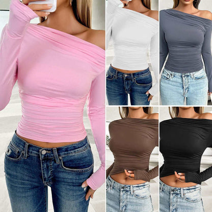 Casual Slim-fit Solid Color Diagonal Collar Pullover TopGet ready to elevate your casual look with our slim-fit pullover top! Available in white, cherry blossom powder, brown, black, and gray blue, this top features a diaTopsPlush Fashions ShopPlush Fashion Shop