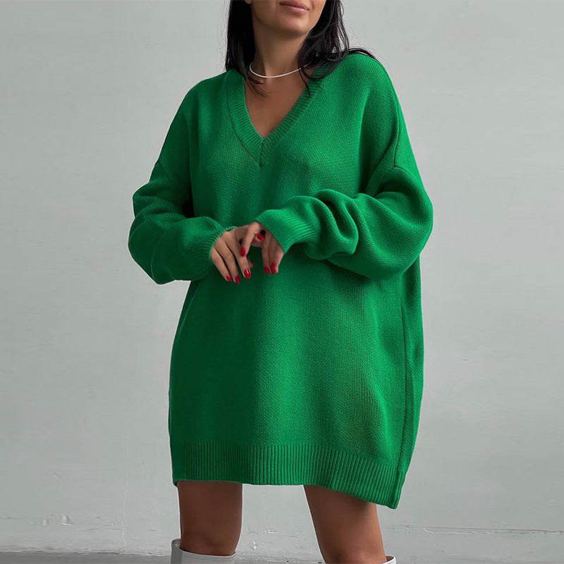 Bella Mia women's long sleeve V-neck knit sweater dress, casual loose-fit winter autumn knitwear, cozy and stylish for women.