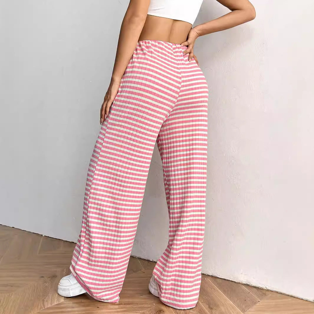Women’s casual striped straight-leg pants with rubber band waist and drawstring, in solid color for autumn and winter.