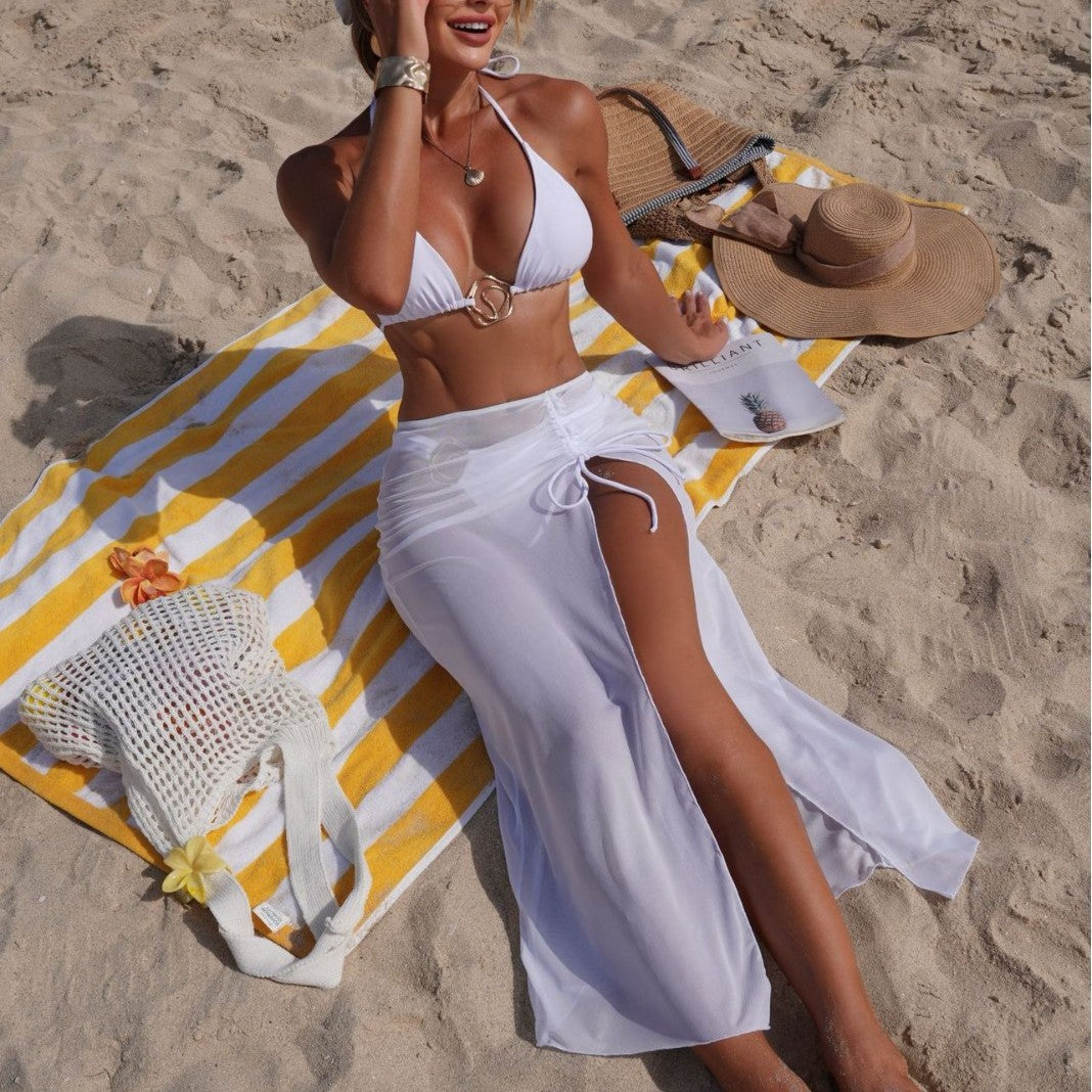 Solid color beach sun protection tulle skirt and three-piece bikini swimsuit set by Plush Fashion Hub, shown with split design and sexy style.