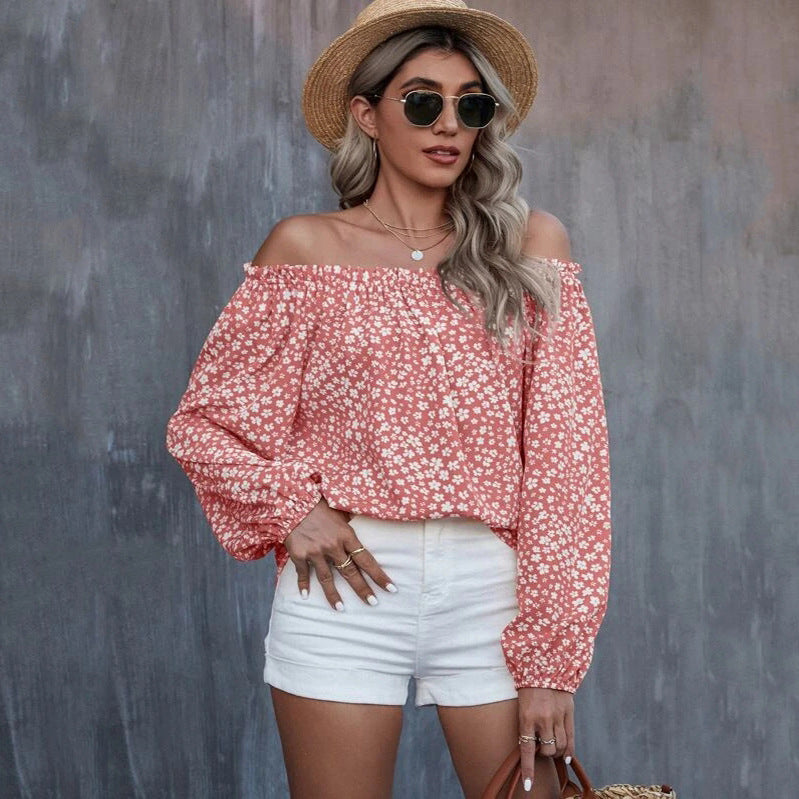 Bella Mia women's off-shoulder printed long sleeve top, loose fit blouse perfect for autumn and winter fashion.