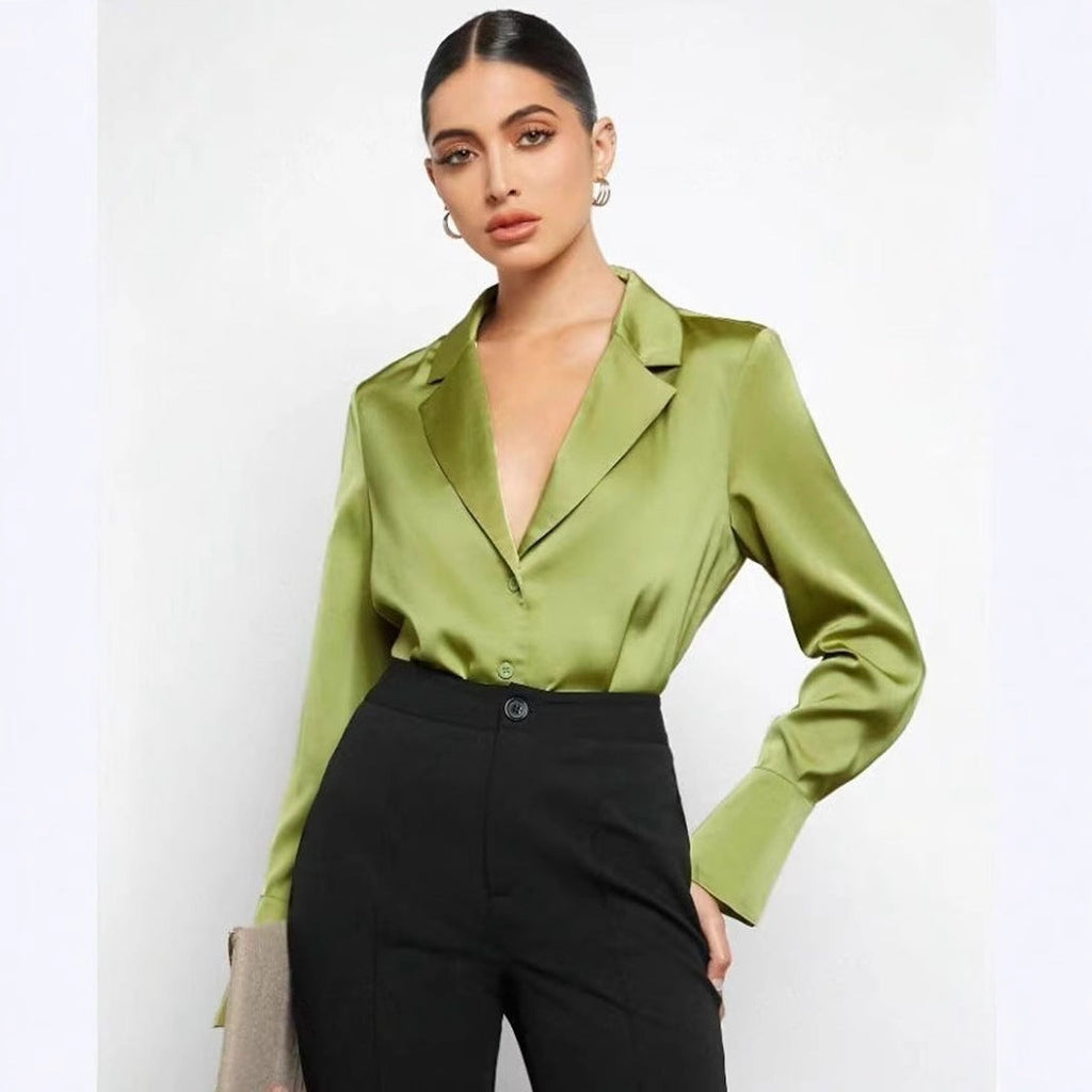 Bella Mia satin faux silk long sleeve shirt for women, minimalist spring summer top with a smooth, shiny fabric and elegant design.