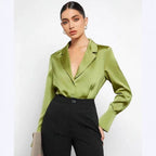 Bella Mia satin faux silk long sleeve shirt for women, minimalist spring summer top with a smooth, shiny fabric and elegant design.