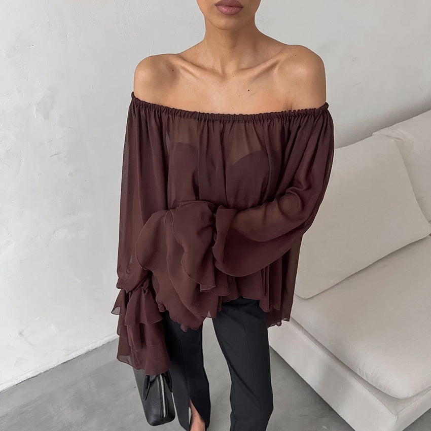 Elegant brown chiffon boat neck top with ruffles, off-the-shoulder style, Bella Mia fall winter retro loose blouse.