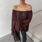 Elegant brown chiffon boat neck top with ruffles, off-the-shoulder style, Bella Mia fall winter retro loose blouse.