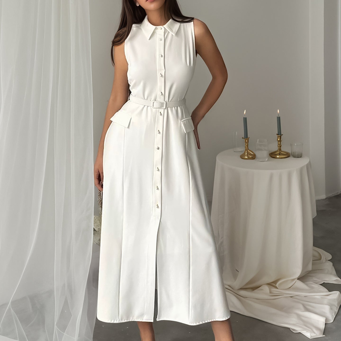 Plush Fashion Hub sleeveless office dress with solid color, pearl buckle, slim fit, slit, perfect for summer and autumn wear.