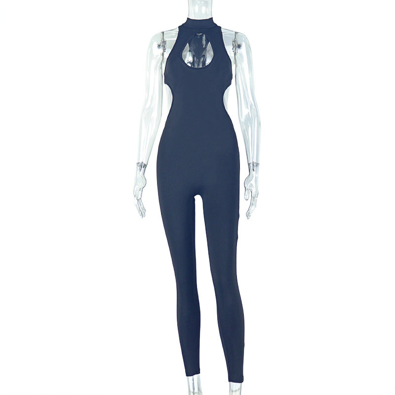 Plush Fashion Hub women's casual sports jumpsuit with hollow out cutout, backless design, low waist, long solid color jumpsuit.