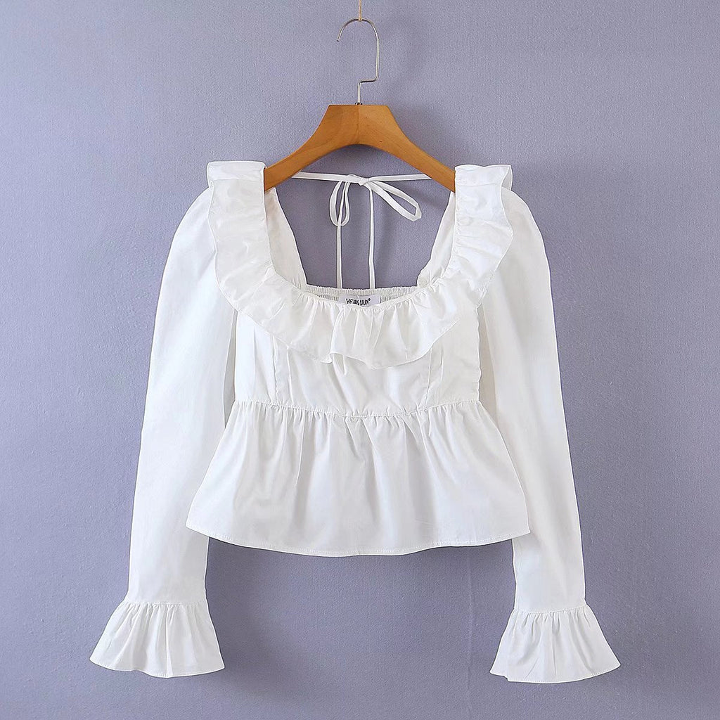 Summer Wind Bella Mia long sleeve ruffled shirt for women, solid color tops with a stylish, flowing design.
