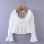 Summer Wind Bella Mia long sleeve ruffled shirt for women, solid color tops with a stylish, flowing design.