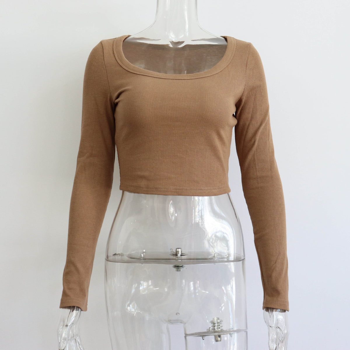 Plush Fashion Hub women's rib-knit long sleeve round neck top, casual and slim fit for autumn and winter wear.