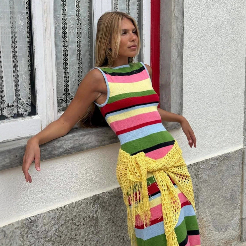 Slimming sleeveless rainbow striped knitted maxi dress for women, casual style with a fitted waist from Plush Fashion Hub.