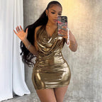 Metallic glossy sleeveless halter dress with swing collar and backless sheath design by Bella Mia, featuring a sexy, form-fitting silhouette.